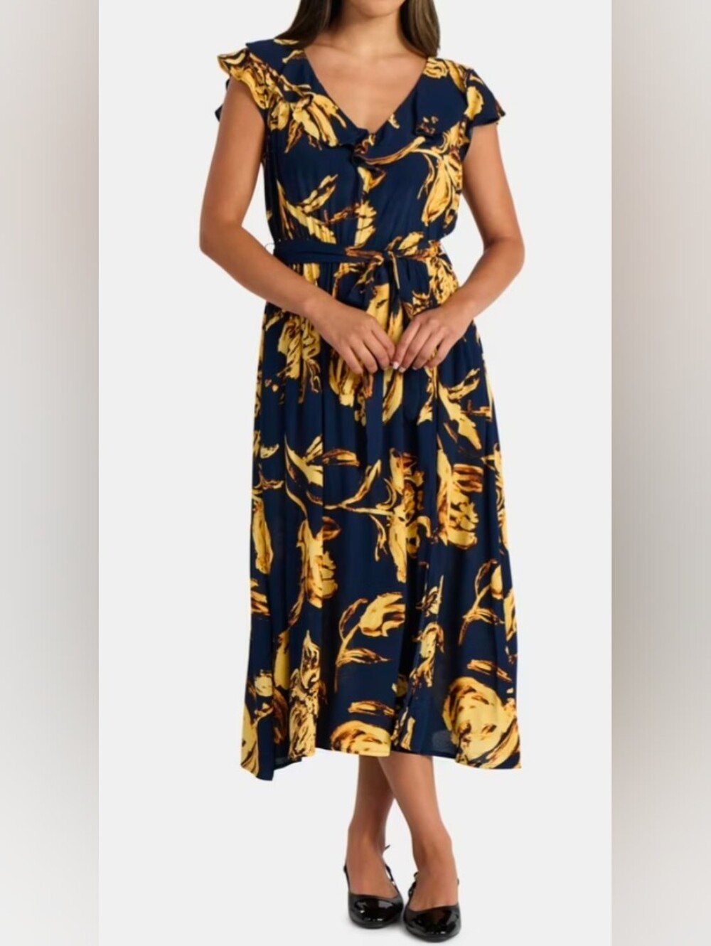 Time and Tru Navy Midi Dress with Yellow Floral Print